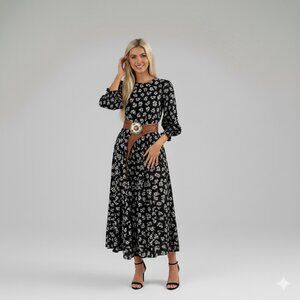 RIXO London Black White Floral Tiered Maxi Dress Prairie‎ Boho Witchy Cottage  L
